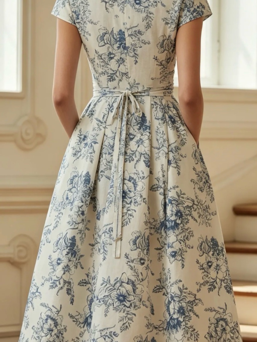 Blue Floral V-Neck Midi Dress - Women# 258 - Picture 7 of 7